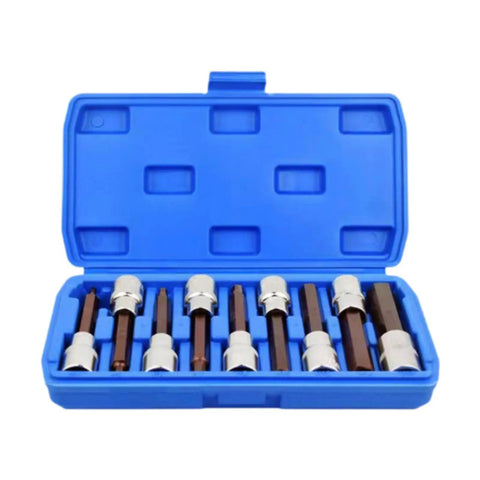 Professional Nine Piece Half Inch Drive Hex Socket Wrench Set Crafted From Mirror Polish Alloy Steel With Zinc Coated Finish in blue case.