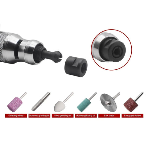 Mini Pneumatic Die Grinder Kit High Speed Adjustable Air Polishing Pen For Engraving And Detail Work showing various grinding bits and tool components.