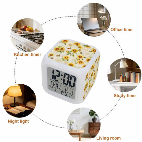 Compact Digital Alarm Clock With Cute Sunflower Butterfly Cube Shape Silent Sweep Motor and Soft LED Glow, showing time and temp.