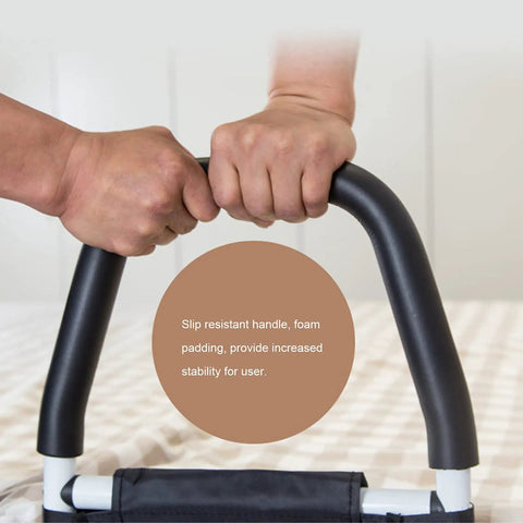 Hands holding Easy-Setup Bed Rail For Seniors And Pregnant Adults, No-Fuss Heavy-Duty Carbon Steel Bed Assist Bar With Anti-Slip Foam Handles