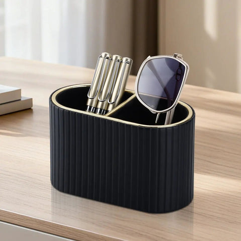 PU Leather Desk Organizer Pen Holder With Dual Compartment Pencil Cup And Remote Control Storage for pens and glasses