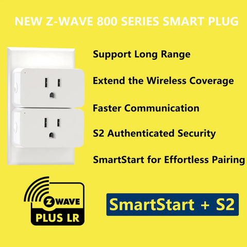 Z Wave 800 Series Smart Power Plug with Energy Monitoring and Power Meter showcased with long-range features and S2 security.