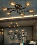 Six Light Vintage Industrial Cage Pendant Ceiling Light Flush Mount Edison Style Retro Iron Metal Lamp in modern bedroom setting
