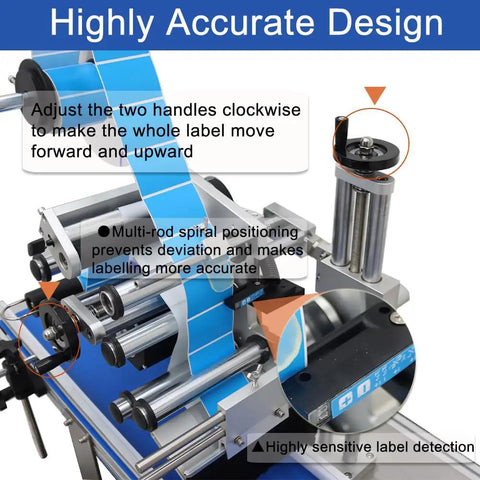 Badass Precision Alignment Adjustable Handles Desktop Automatic Flat Bottle Labeling Machine With Heavy Duty Conveyor Belt showing highly accurate design with handles and rollers.