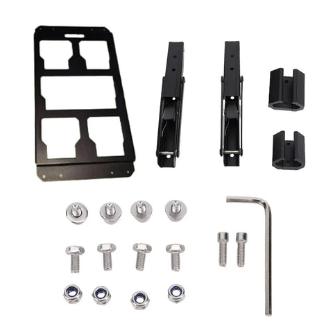 Aluminum Toolbox Side Panel With Folding Storage Tray For Modular Tool Systems Locking Flip Out Panel For Truck Or Wall Mount components and hardware shown separately against a white background.