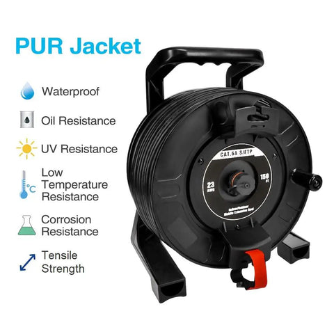 Heavy Duty Cat6A Ethernet Retractable Network Extension Reel Waterproof Shielded Patch Cord 150 Foot with PUR jacket features.