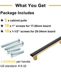 Package contents of Matte Black and Gold Cabinet Pulls Set, 5 Pack: includes 5 pulls and screws for installation on various board sizes.