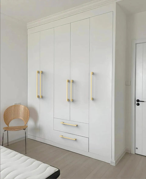 Top Shelf Brushed Gold Cabinet Pulls And Drawer Handles Built From Heavy Duty Zinc Alloy Measuring 10 Inch Center To Center Super Durable Hardware For Kitchen Makeovers And Modern Homes 10 Piece Set on sleek white cabinetry.