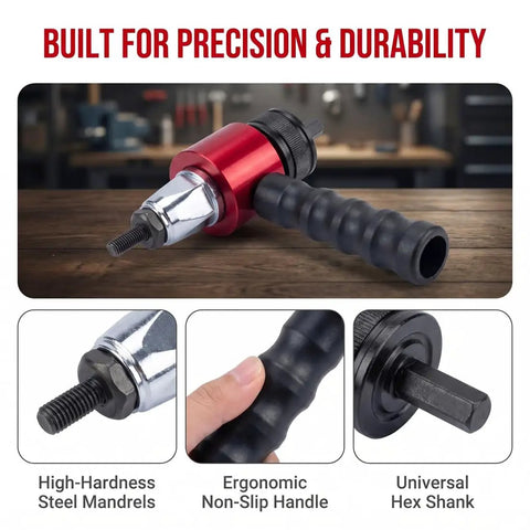 Electric Rivet Gun Adapter for Drill Complete Kit with Heavy Duty Rivet Nut Tool features steel mandrels and ergonomic handle