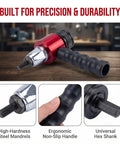Electric Rivet Gun Adapter Kit For Cordless Drills with red body, ergonomic handle, steel mandrels, and hex shank on a wooden table.