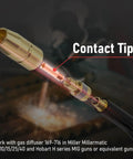 Premium 25-Pack 000-068 0.035 Inch MIG Welding Contact Tips showing gas diffuser setup for Miller Millermatic and Hobart H series.