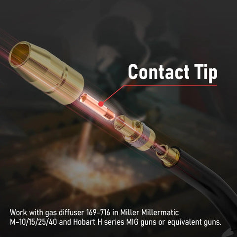 Premium 25-Pack 000-068 0.035 Inch MIG Welding Contact Tips showing gas diffuser setup for Miller Millermatic and Hobart H series.
