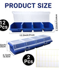 12 Pack Screw Organizer Boxes With Lids, Four-Compartment Dividers, Blue Toolbox Style Storage Case shown open and closed