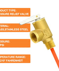 Front view of brass 1/2" NPT RV water heater temperature and pressure relief valve with orange insulated probe