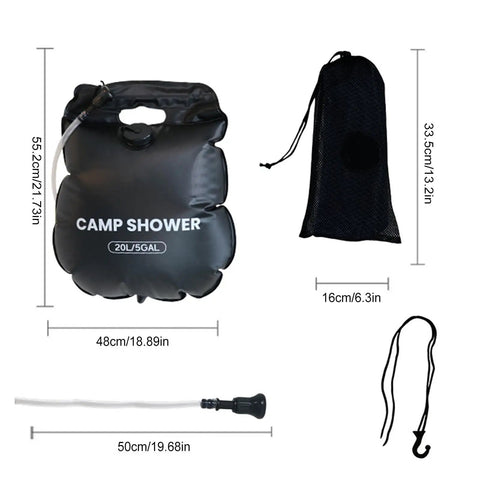 20L Capacity Heated Camp Shower Bag With Hose, Durable Fabric, Handle, Mesh Bag, Hose, and Hook, for Camping and Road Trips