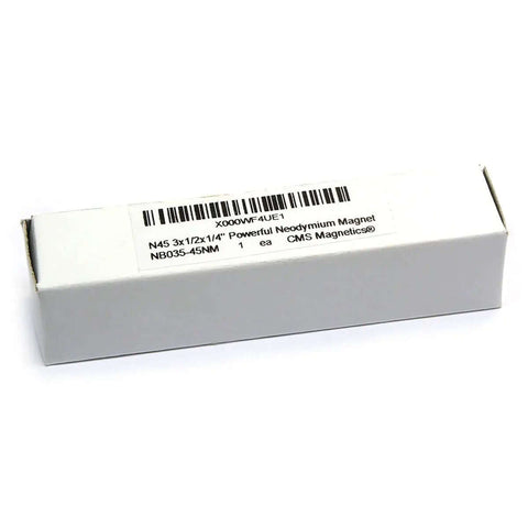 Box of Neodymium Bar Magnet N45 3 By One Half By One Quarter Inch With 3M Foam Adhesive, shown in packaging.