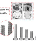 304 Stainless Steel M5 Hex Bolts And Nuts Kit With Flat Head Screws And Socket Head Cap Screws, heavy duty hardware set shown in various bolt sizes
