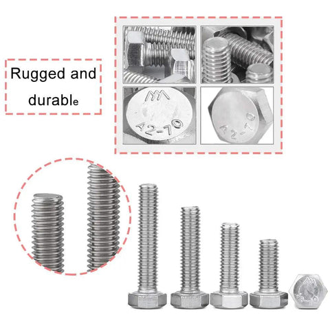 304 Stainless Steel M5 Hex Bolts And Nuts Kit With Flat Head Screws And Socket Head Cap Screws, heavy duty hardware set shown in various bolt sizes