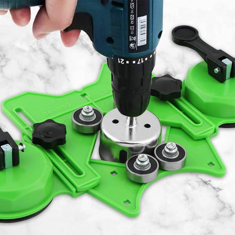 Diamond hole saw kit front view with drill guide jig and suction cups on green base