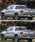 Before and after of Dodge Ram with Rear Window American Flag Decal Matte Black USA Flag Sticker For Truck Back Sliding Window Fits 2009 To 2026.