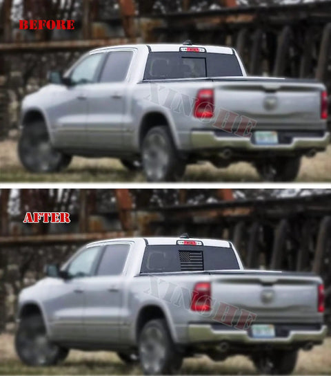 Before and after of Dodge Ram with Rear Window American Flag Decal Matte Black USA Flag Sticker For Truck Back Sliding Window Fits 2009 To 2026.