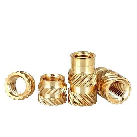 Straight Up Heavy Duty Brass Knurled Nuts 30 Piece Pack M2.5 Thread 3.5mm By 7.5mm showing various sizes of brass nuts.