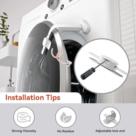 Installation of Baby Safe Washer And Dryer Door Stopper Prop For Front Load Laundry on white washer door with lock close-up