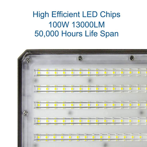 Close-up of Outdoor LED Flood Light 100W With Dusk To Dawn Photocell, showing LED chips and 50,000-hour lifespan details.