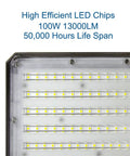 Close-up of LED chips on 2 Pack 100W Outdoor LED Flood Light With Dusk To Dawn Sensor, 13000 Lumens, 5000K, showing efficiency details.