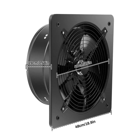 Beefy 750W Industrial Axial Flow Exhaust Fan With 8000 CFM Airflow 2800 RPM Wall Mount Ventilator, black iron-copper body, side view.