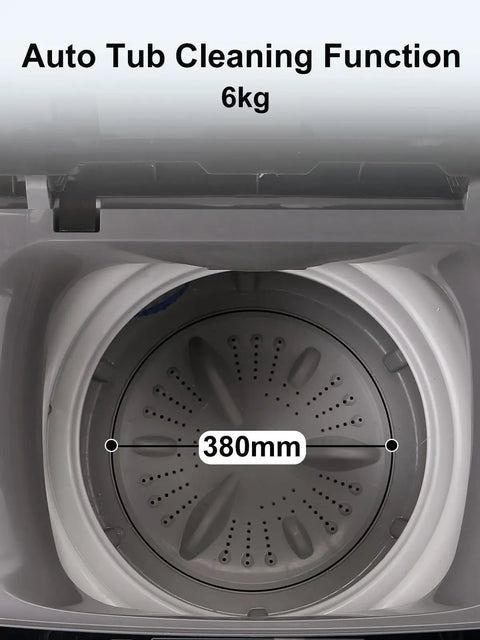 Compact Full Automatic Washing Machine In Sleek Grey interior showing 6kg auto tub cleaning function and honeycomb drum design.