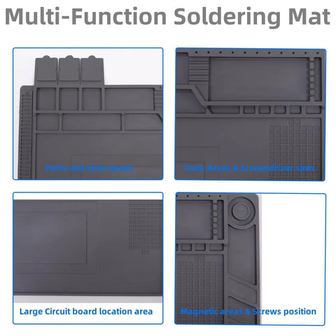 Magnetic Repair Work Mat For Soldering And Electronics Premium Silicone with segmented areas for tools and magnetic slots.