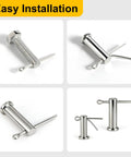 Four-view collage of 304 stainless steel cotter pins in four sizes for automotive, trailer, and farm use.