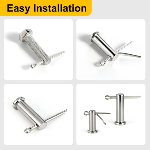 Four-view collage of 304 stainless steel cotter pins in four sizes for automotive, trailer, and farm use.