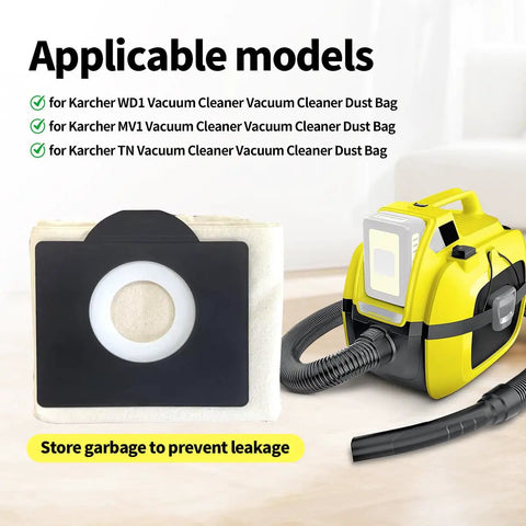 No Sweat Washable Canvas Dust Bag For Karcher WD1 MV1 TN Vacuum Easy Fit Zippered Filter Sack shown with vacuum cleaner.