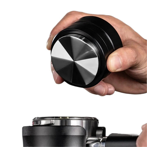 Straight Fire Dual Bearing Espresso Distributor And Tamper Combo Fits 51 54 58mm Filter Baskets in use, showing hand positioning.