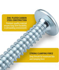 Premium Zinc Plated Wood Screws Featuring Truss Head And Phillips Drive For Smooth Power Drill Installation Badass Eight By Half Inch Fasteners For Indoor Carpentry Rock Solid Steel 100 Pack close-up of screw with truss head and visible threading.