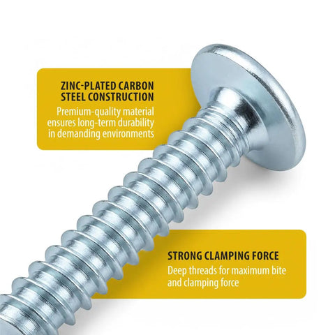 Premium Zinc Plated Wood Screws Featuring Truss Head And Phillips Drive For Smooth Power Drill Installation Badass Eight By Half Inch Fasteners For Indoor Carpentry Rock Solid Steel 100 Pack close-up of screw with truss head and visible threading.