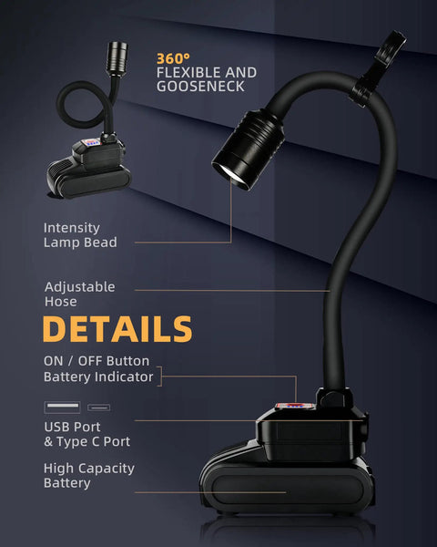 Boss Level Ultra Bright 2000 Lumen Magnetic Gooseneck Work Light, Rechargeable 5000mAh with details on flexibility and features.