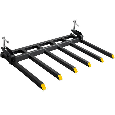 Beefy Clamp On Debris Forks For 60 Inch Buckets Heavy Duty 4000 Lbs Quick Attach Pallet Forks for tractor loader, six prongs visible