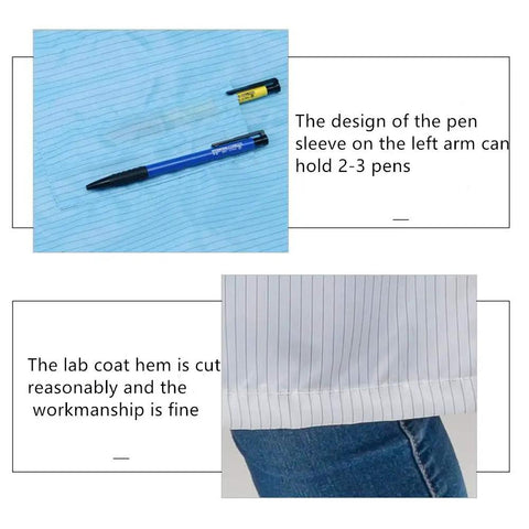 Straight Up ESD Anti Static Lab Coat With Long Sleeve For Men And Women Solid Stand Collar showing pen sleeve and hem detail.