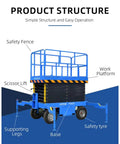 Rock Solid Heavy Duty Hydraulic Scissor Lift Table For Big Time Warehouse Cargo Handling Mobile Platform With Smooth Operator Adjustments Up To Ten Meters Tall, showing labeled components like work platform and safety fence.