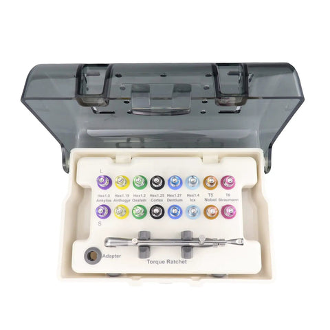 Colorful Universal Repair Tool Kit With Torque Wrench And 16 Piece Screwdriver Set in open case showing colorful bits and ratchet.