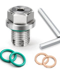 Oversize Piggyback Oil Drain Plug Kit Beefed-Up Stainless Steel 304 Self Tapping Oil Pan Thread Repair For M14.1-1.5 X 15mm Rethreads Leaky Pan Threads Durable Automotive Drain Plug Solution. Pictured are the stainless steel plug, two rubber rings, two metal washers, and an L-shaped hex key.