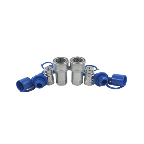 Set of 1/2 in NPT ISO5675 hydraulic quick-connect tractor couplers with blue dust caps and metal bodies
