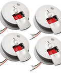Hardwired Interconnectable Smoke Detectors With Battery Backup And Hush Button 120 Volt Wall Or Ceiling Mounted Fire Safety Alarms 4 Pack on a white background.
