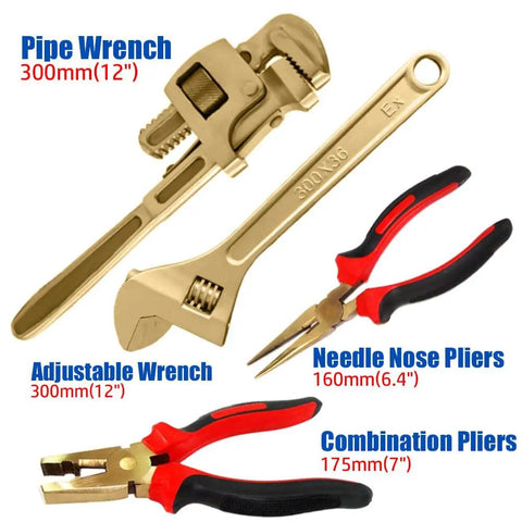 Non Sparking Tool Set 24 Piece Aluminum Bronze Spark Free Kit with Pipe Wrench, Adjustable Wrench, Needle Nose Pliers