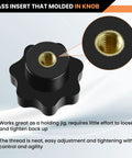 Front view of black knurled M8 clamping knob with brass threaded insert