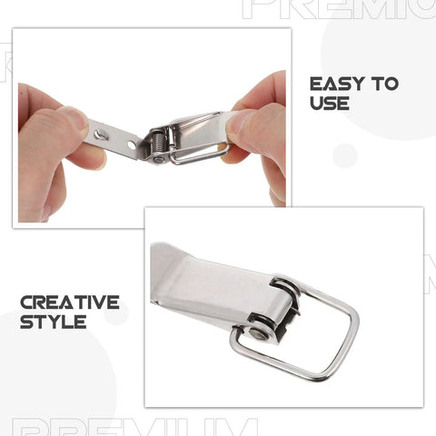 Heavy Duty 4 Pc Stainless Steel Spring Toggle Latch Hasp Set No Keyhole For Cabinet Boxes Toolboxes And Suitcases Super Secure Fit Easy Install, shown in use.