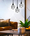 Industrial 3 Light Pendant With Adjustable Cords Vintage Farmhouse Black Metal Cage Light for kitchen or dining room.